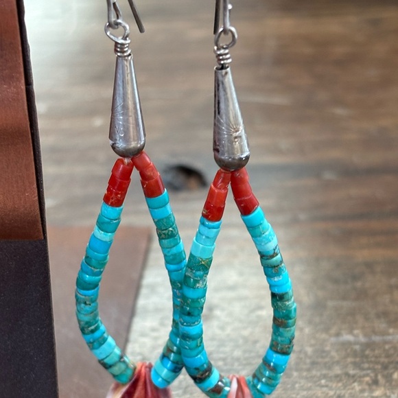 Navajo Handcrafted Turquoise and Red Coral Earrings - Picture 2 of 3